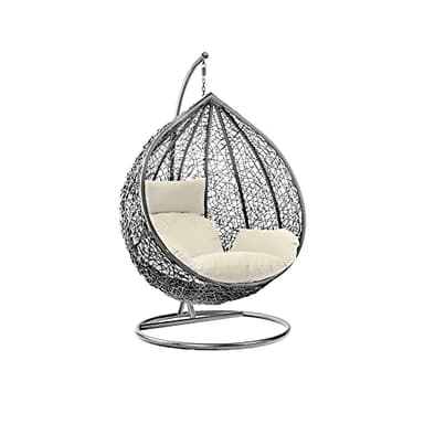 Rattan Swing Egg Chair Hanging Garden Hammock with Cushions & Stand Outdoor Indoor Furniture (Grey Egg Chair & White Cushion)