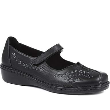 Pavers Ladies Leather Wide Fit Touch Fasten Mary Jane in Black - Stylish Daytime Wear with Unique Cut-Out Detail - Adjustable Fastening - UK 6 / EU 39