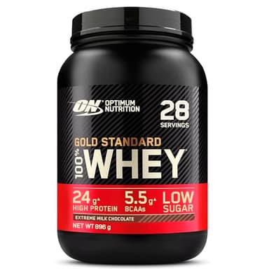 Optimum Nutrition Gold Standard 100% Whey Muscle Building and Recovery Protein Powder With Naturally Occurring Glutamine and BCAA Amino Acids, Extreme Milk Chocolate Flavour, 28 Servings, 896 g
