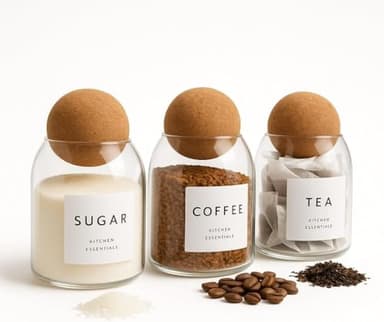 Livabl Tea Coffee and Sugar Canisters Set - Set of 3 Unique Cork Ball 500ml Glass Jars - Perfect Sugar Tea Coffee Set Organiser