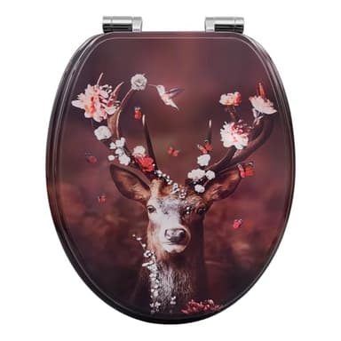 WOLTU Toilet Seat, O-Shaped Loo Seat with Soft Close and Quick Release Functions, with Adjustable Hinges, Upgraded Mounting Set for Different Types of Toilets, Deer Pattern