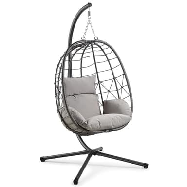 VonHaus Hanging Egg Chair - Grey Rattan Garden Swing with Stand - 1 Seater with Padded Cushions and Folding Frame - Foldable Swing for Patio, Balcony - Outdoor & Indoor