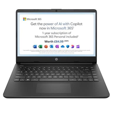 HP 14" Laptop, Intel Pentium Silver N5030 Processor, 4 GB RAM, 128 GB SSD, Intel UHD Graphics, FHD Display, Dual Speakers, Microsoft 365 Personal 12m included, Win 11, Jet Black, 14s-dq0011sa