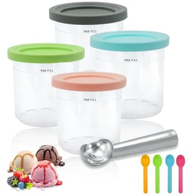 Surplex Ice Cream Containers for Ice Cream, Ice Cream Pints Cups Set of 4 with Lids & Spoon, Creami Container for Ninja Creami Ice Maker, Tubs Accessories for NC301 NC300 NC299UK Series, BPA-Free