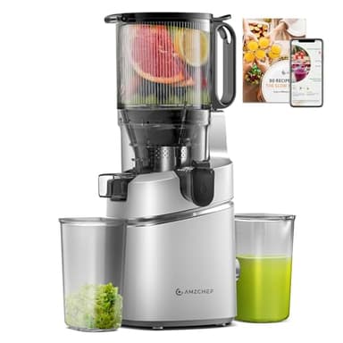 AMZCHEF Automatic Cold Press Juicer Machines 250W Free Your Hands -135MM Opening and 1.8L Capacity Slow Juicers for Whole Fruit and Vegetable, with Triple Filter, Safety Lock, Classic Silver, SJ-036
