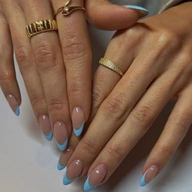 KQueenest 30 Pcs Blue French Tip False Nails Short Medium Almond, French Tip False Nails Short Stiletto, Custom Thick Acrylic Fake Nails Set Natural Nude Gel Stick on Nail for Women Daily Wear