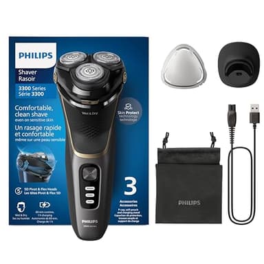 Philips Electric Shaver 3000 Series - Wet & Dry Electric Shaver for Men with SkinProtect Technology in Deep Black, Pop-up Beard Trimmer, Charging Stand, Travel Pouch (Model S3342/13)
