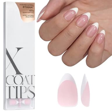 BTArtbox French Tip False Nails - Short Almond Nail Tips for Gel Extensions, XCOATTIPS Press on Nails, Pre-applied Tip Primer & Base Coat Cover, Pink Soft Gel Fake Nails