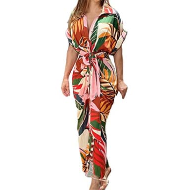 JAXICH Phase 8 Dresses for Women UK Sale Clearance, V Neck Knee Length Long Dress Knee Length Tunics Dress with Keyhole Floral Print Tank Dress Floral Printed Gifts for Women