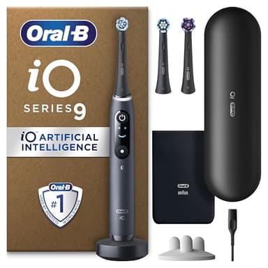 Oral B Electric Toothbrushes For Adults, Oral-B iO9, Gifts For Women / Men, App Connected Handle, 3 Toothbrush Heads, Charging Travel Case & Toothbrush Head Holder, 7 Modes, 2 Pin UK Plug, Black