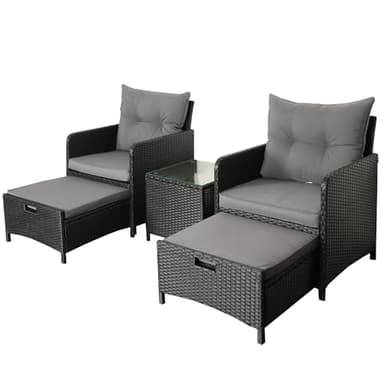 Panana 5 Pieces Rattan Garden Furniture Set 4 Seater Sofa Chair Stool Glass Top Table Wicker Weave Outdoor Patio Set for Balcony Poolside Bistro Black Base with Black Cushions