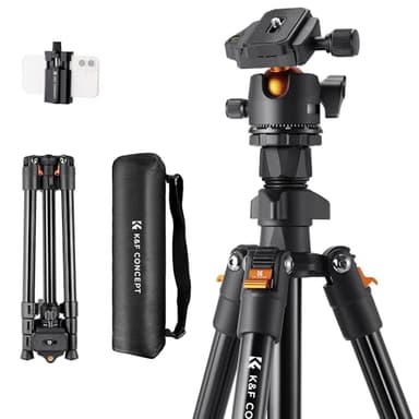 K&F Concept 64 inch/163cm Camera Tripod, Lightweight Aluminum Travel Outdoor Tripod with Ball Head Load Capacity 8kg, Phone Holder, for DSLR Cameras O2341A1+BH-36