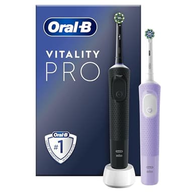 Oral-B Vitality Pro 2x Electric Toothbrushes For Adults, 2 Toothbrush Heads, 3 Brushing Modes Including Sensitive Plus, 2 Pin UK Plug, Black & Purple