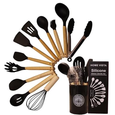 Home Vista Silicone Kitchen Utensils Set – 12 Pcs Heat Resistant Cooking Utensils with Holder, BPA-Free Spatulas, Spoons, Turner, Tongs & More – Black Silicone Kitchen Set for Non-Stick Pans