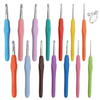 14 Pcs Crochet Hooks, Aluminum Knitting Needles Kit, Colorful Ergonomic Rubber Soft Grip Handle for Beginners Adults with Metal Open Yarn Guide Crochet Rings