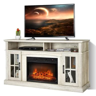 GiantexUK Electric Fireplace Insert TV Stand, Living Room Wooden Console Entertainment Center with Electric Fire, Overheat Protection & Remote Control, 1800-2000W (Gray, 23” Fireplace, for 65” TV)