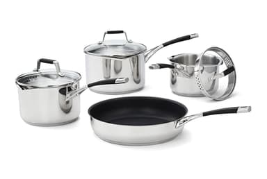 Stellar Flow 4 Piece Draining Pan Set - 16cm/18cm/20cm Saucepans + 26cm Non-Stick Frying Pan - Stainless Steel Cookware Set with Vented Draining Lids, Easy-Pour Rims & Internal Measurement Guides