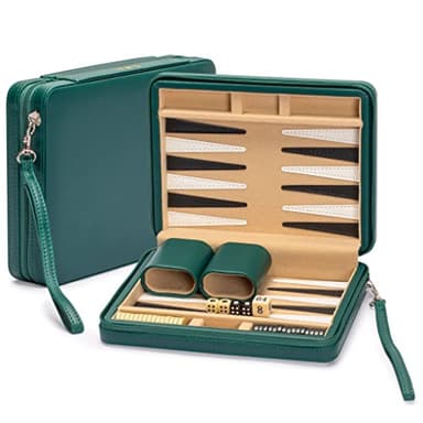 Yellow Mountain Imports Travel Size Backgammon Mini Game Set, "Izmir" - Magnetic Checkers and 23.5cm Board in Sleek Leatherette Case - Classic Strategy Board Game