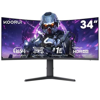 KOORUI Gaming Monitor, 34 Inch Monitor Curved, WQHD 165Hz, 1MS,HDR400, 1000R Curvature, Height Adjustable Stand, VA Panel