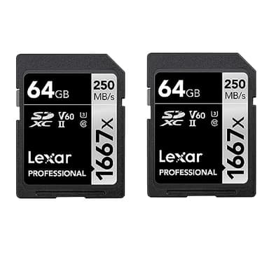 Lexar Professional 1667x SD Card 64GB 2-Pack, SDXC UHS-II Memory Card, Up to 250MB/s Read, 120MB/s Write, Class 10, U3, V60, for Professional Photographer, Videographer, Enthusiast (LSD1667064G-B2NAA)