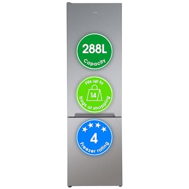 Abode Fridge Freezer Freestanding with Reversible Door, Adjustable Thermostat & Feet, 70/30 288 Litre, 180cm High, LED Light, Silver A180FF541E1S