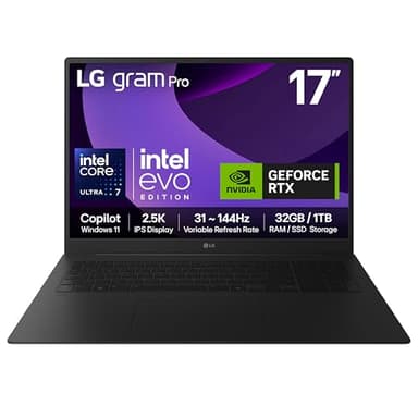 LG gram Pro 17Z90TR-E - 17 inch 2.5K 144Hz VRR, Ultra-Lightweight Laptop, Intel Core Ultra 7 255H, NVIDIA GeForce RTX 5050, 32GB RAM, 1TB SSD, Windows 11 Home, Copilot, Hybrid AI, Black (2025)