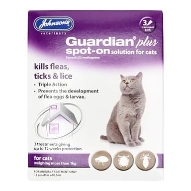 Johnsons Guardian Plus Spot On for Cats Over 1kg - 3 Treatment, Kills Fleas, Ticks & Lice, Stops Flea Eggs Hatching