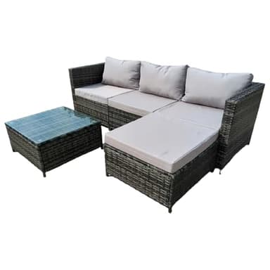 COZYBRITE Garden Corner Sofa Rattan Furniture Set 4 Seater Patio Outdoor Lounge Settee with Glass Coffee Table All-weather SFS066 (Mix Grey Rattan+Grey Cushion)