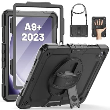 SEYMAC Case for Samsung Galaxy Tab A9 Plus 11 inch 2023, Shockproof Protective Galaxy A9 Plus Tablet Case With Screen Protector/Hand Strap/Rotating Stand,SM-X210/SM-X216/SM-X218 Case, Black