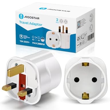 Aigostar 2 Pack EU to UK Adapter - Euro Schuko 2 Pin to 3 Pin Adapter Plug, Travel Adaptor from France Italy Spain Germany to UK