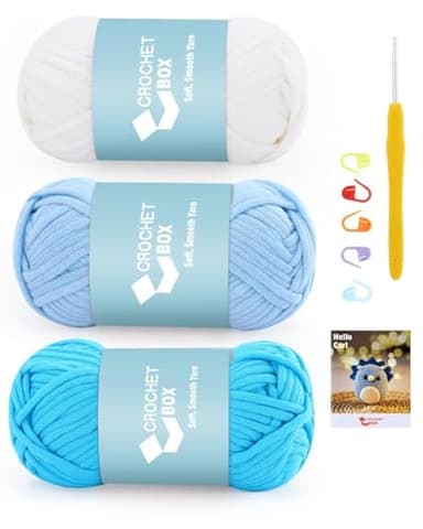 Crochet Box Yarn for Crocheting & Knitting - 3 PCS Beginner Yarn, Light Blue, Sky Blue, Natural White, Easy to See Stitches, 50g, 55 Yards, Cotton Nylon Blend, Gift for Craft Lover