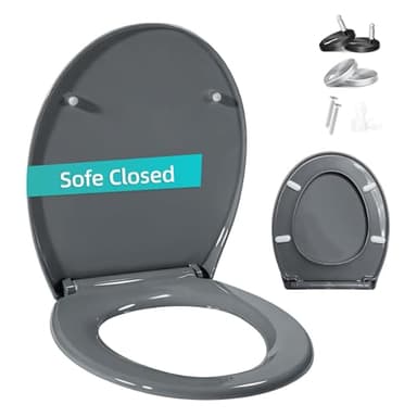 Toilet Seat Soft Close with Quick Release for Easy Clean, Soft Close Oval Grey Toilet Seats with Adjustable Hinges, Universal Toilet Lid in Sturdy Anti-Bacterial Premium PP Material