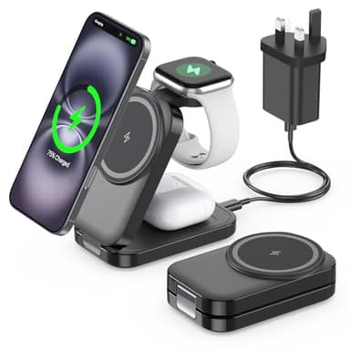 3 in 1 Wireless Charging Station for Apple,Foldable Magnetic Wireless Charger,15W Fast for MagSafe Charger Stand for iPhone 16/15/14/13,for Apple Watch,for AirPods