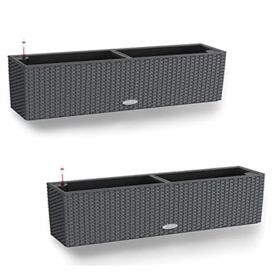 Lechuza Set of 2 BALCONERA Cottage 80 Self Watering Planter Plastic Indoor and Outdoor Flower Rattan Look Plant Pot and Window Box with Drainage Hole H19 L80 W19 cm Granite