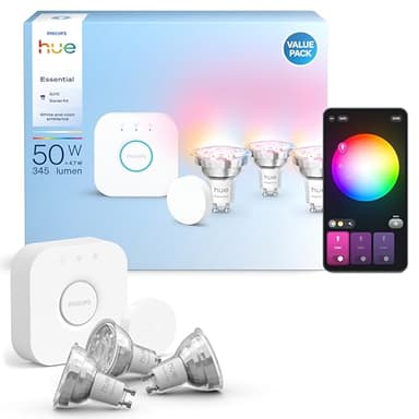 Philips Hue Essential Starter Kit: Bridge + 3 Essential GU10 Smart Bulbs + Smart Button, White and Color Ambiance, 2200K-6500K, Dimmable, Alexa, Google Assistant, Samsung SmartThings, Apple Home
