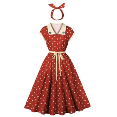 Wellwits Women's Polka Dot Floral Collar Work Party Smart Elegant Vintage Dress Red M