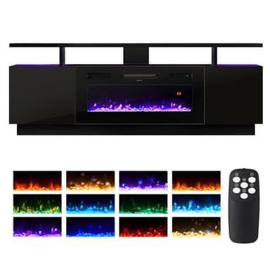 INMOZATA Electric Fire Insert TV Stand, 180cm Media Console Storage Table & 92cm Electric Fireplace with Remote Control, 12 LED Backlight, 12 Flame Colors, Adjustable Temperature, 900W&1800W-Black
