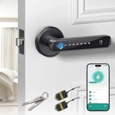 Amerdeco Smart Fingerprint Door Lock, Biometric Keyless Entry Door Lock with APP - Cards - Backup Key - Fingerprints - Codes for Bedroom Hotel Office Apartment and More(Black)