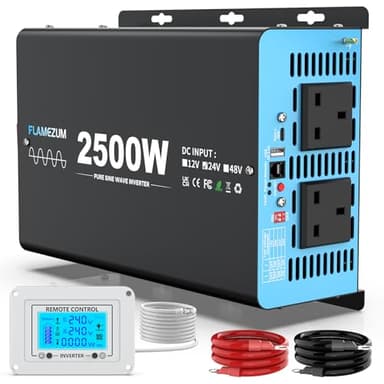 FLAMEZUM 2500w Pure Sine Wave Power Inverter DC 24V to AC 240V Voltage Converter with 2 AC Outlets,1 USB-A Port,1 USB-C Port,LCD Remote Control,for Motorhomes,Trucks,Boats,Camping
