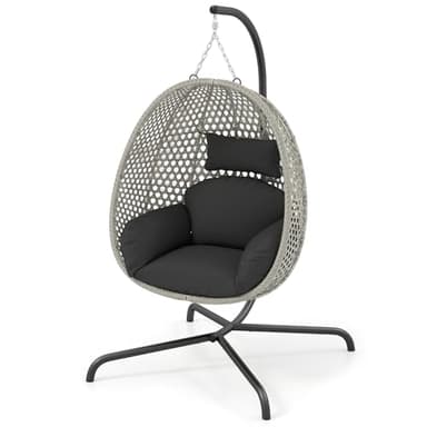 COSTWAY Swing Egg Chair, Upholstered PE Rattan Wicker Hammock Chair with Soft Thick Cushion and Head Pillow, Heavy-duty Hanging Egg Basket Seat for Garden Patio Yard Living Room (1, with Stand)