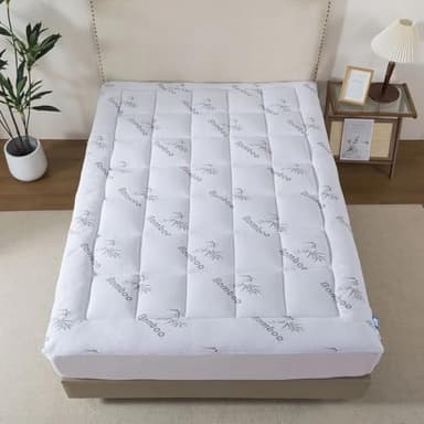 Luxury Bamboo Mattress Topper 5 cm Deep Breathable Thick Comfort Mattress Pad with 30 cm Skirt – Hypoallergenic, Soft & Durable (Single/Double/King/Super King) (Single)