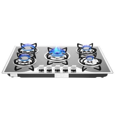 gegeweeret 5-Burner Gas Cooktop | 63% Thermal Efficiency & 3kW+ Burners | Built-in/Countertop Installation | LPG/NG Compatible | Coated Glass & Al-Alloy