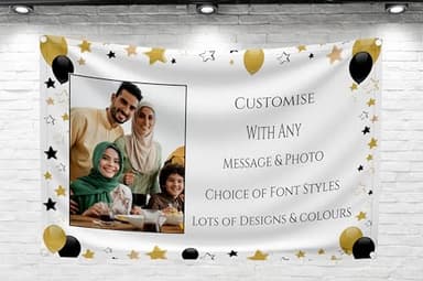 Large Personalised Banner Backdrop for Any Occasion Customised with Any Message Happy Birthday for Men or Women Party Decorations Retirement Welcome Home Congratulations (Black & Gold, with PHOTO)