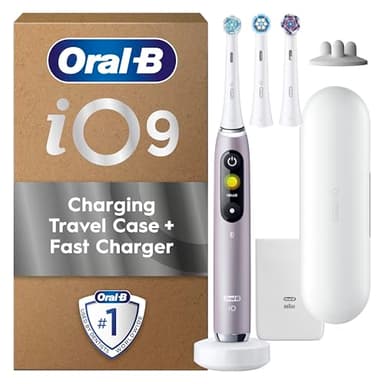Oral-B iO9 Electric Toothbrushes For Adults, App Connected Handle, 3 Toothbrush Heads, Charging Travel Case and Toothbrush Head Holder, 7 Modes, 2 Pin Plug, Rose