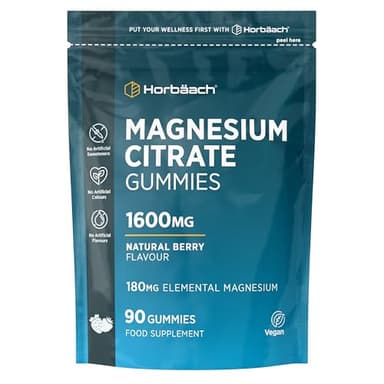 Magnesium Gummies 1600mg | Citrate Providing 180mg Elemental Magnesium | Berry Flavoured | Supplement for Women & Men | 90 Vegan Gummies | by Horbaach