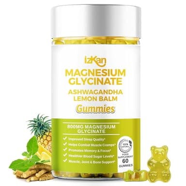 Magnesium Glycinate Gummies 800mg - Sugar Free Magnesium Supplement with Ashwagandha, Lemon Balm Extract & CoQ10 for Calm Mood & Muscle, Sleep Support - 60 Gummies (Pineapple Flavor) (1)