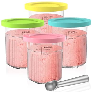 4 Pack Ice Cream Tubs for Ninja Creami Deluxe NC500 NC501 UK Series - 24 oz Replacement Pint Containers with Color Lids, BPA-Free & Dishwasher Safe with Aluminum Scoop