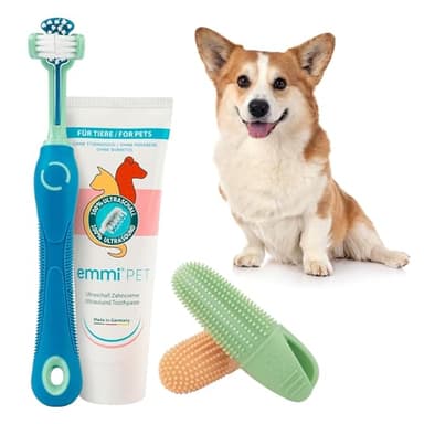 emmi-pet Dental Care Set for Puppies and Young Dogs - 4-Piece Set with 3D Toothbrush Blue, Toothpaste 75 ml and 2 Finger Pads - 1 x 3-Head Dog Toothbrush with 1 x Dog Toothpaste and 2 x Finger Pads