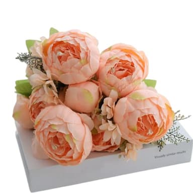 Corkwaw 10 Heads Peonies Artificial Flowers, 17-1/2" Long Vintage Silk Fake Peony Bouquet for Home Garden Decoration Office Verandah Wedding Decorations (Orange), HYV9280