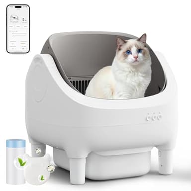 TRIUMPHKEY Automatic Self-Cleaning Cat Litter Tray, App-Controlled, Open-Top XXL Cat Litter Box with Dual Odor Control for Multiple catsan, Includes Mat, Waste Bags, Scoop & Scent Box